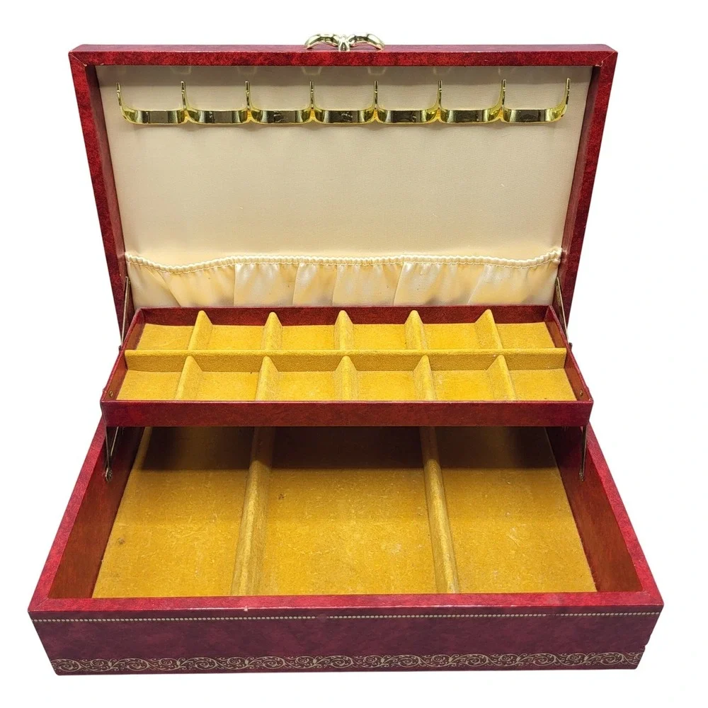 Vintage Mele Jewelry Box Womens Red Tiered Faux Leather Gold Filigree AS IS